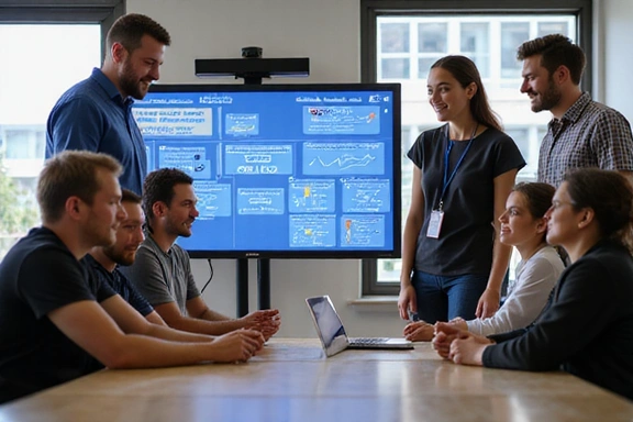 A diverse team of professionals collaborating in a modern, well-lit office environment, smiling and interacting around a large screen displaying game development concepts. The image emphasizes teamwork, creativity, and technology. No text or logos.