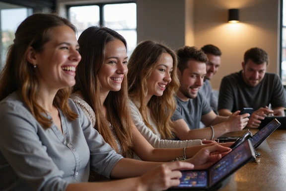 Group of diverse people laughing and playing social casino games on their mobile phones and tablets, set in a bright, modern, and inviting atmosphere.