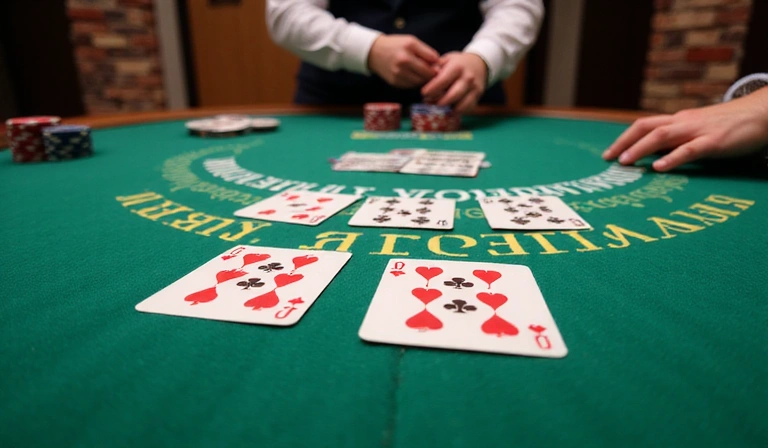 Stylized blackjack table with cards and chips