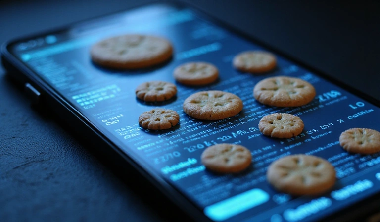 Illustration of various types of cookies on a digital device screen, showing small data packets being exchanged.