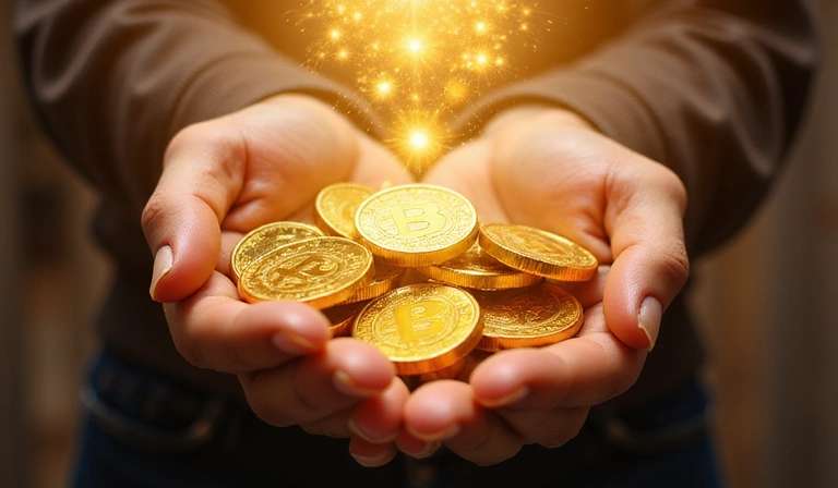 Virtual coins falling into a hand, symbolizing earning rewards