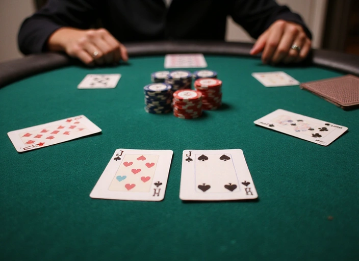 Player's perspective of a poker table with betting options