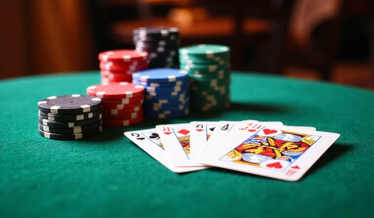 Stylized poker table with cards and chips, vibrant and inviting
