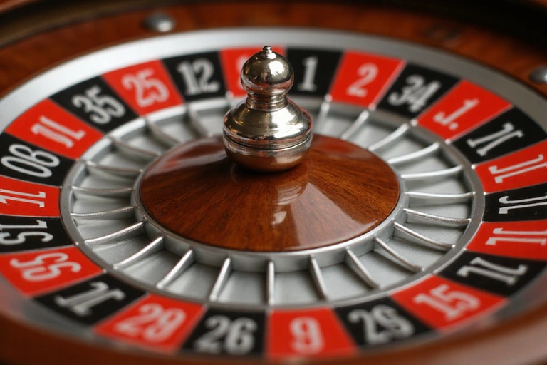 A detailed close-up of a roulette wheel showing the numbered pockets and a ball about to land, illustrating the game's mechanics.
