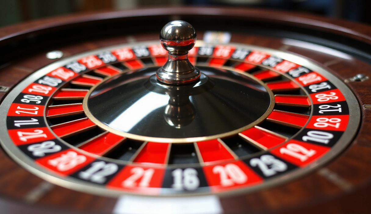 A vibrant, stylized roulette wheel with a spinning ball, depicting the thrill of the game.