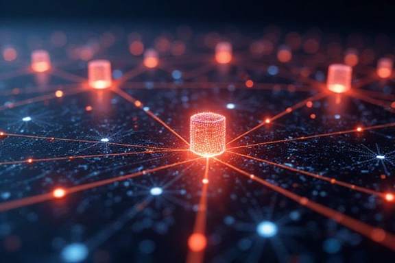 Abstract representation of data flow and security, with glowing lines and binary code