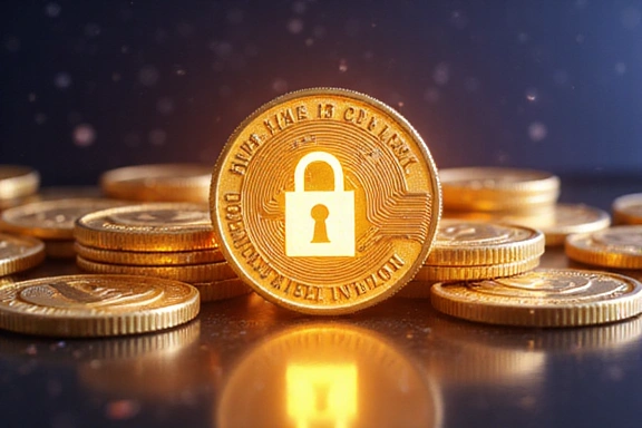 Illustration of virtual currency coins with a padlock, symbolizing secure virtual transactions